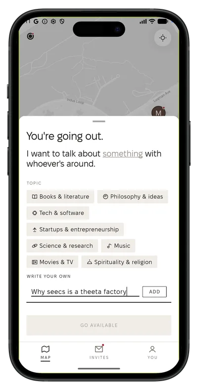 The go-available sheet: topic chips for books, philosophy, tech, startups, science, music, film and religion, above a field where a student has written their own topic.
