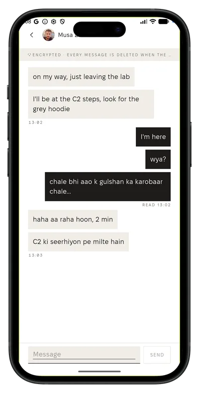A short encrypted chat between two students, agreeing to meet at the C2 steps.