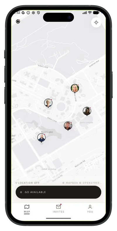 The campus map around Nust Lake and the Sports Complex with five students shown as circular pins.