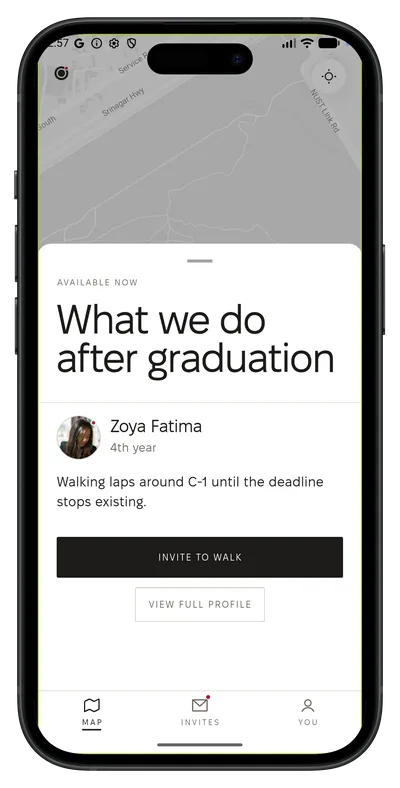 A student's card: the topic “What we do after graduation”, her name and year, a line about walking laps around C-1, and an Invite to walk button.